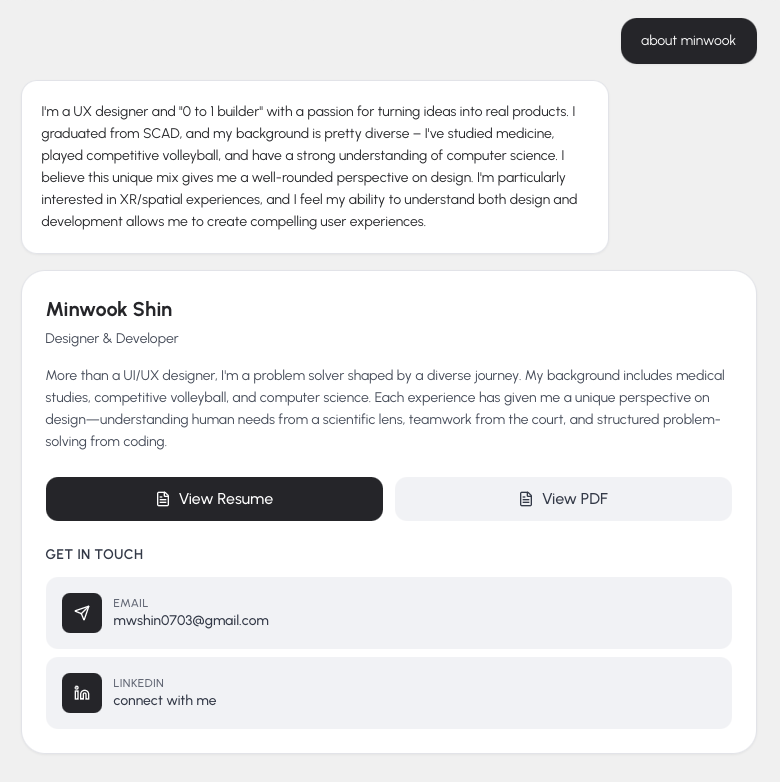 The chat response sits beside resume and contact actions instead of becoming a separate gimmick