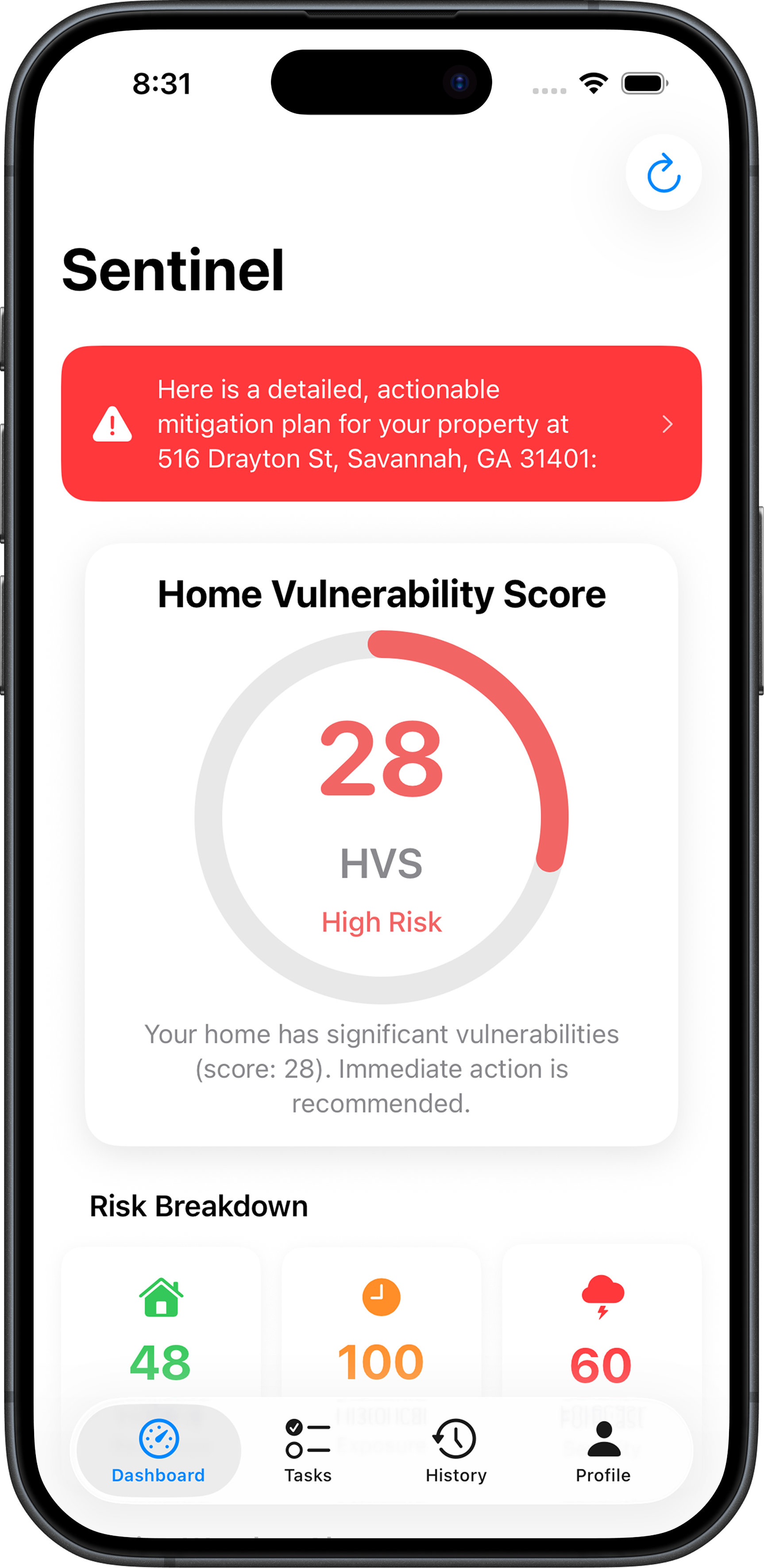 The dashboard makes weather exposure, home vulnerability, and risk breakdown visible at once